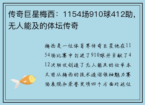 传奇巨星梅西：1154场910球412助，无人能及的体坛传奇